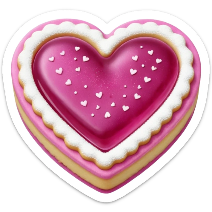 Realistic shortbread cookie in the shape of a heart with light margenta jelly middle filling and sprinkled powder sugar on top. sticker