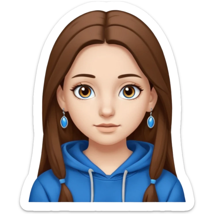 teen girl, white skin, long brown hair middle parted, brown eyes, blue hoodie eyelashes and earrings sticker
