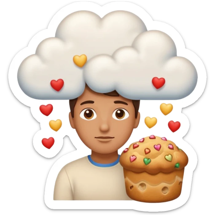 Apple-style emoji illustration of a person with dreamy eyes, and avobe them a thinking cloud with a traditionmal panettone inside, small hearts floating around, soft 3D emoji style, smooth gradients, rounded shapes, warm festive colors, simple expression. sticker