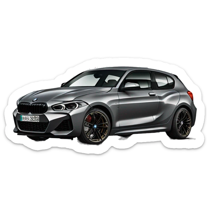 Erzeuge einen grauen BMW M135i F40 mit schwarzer Niere und schwarzen Felgen sticker