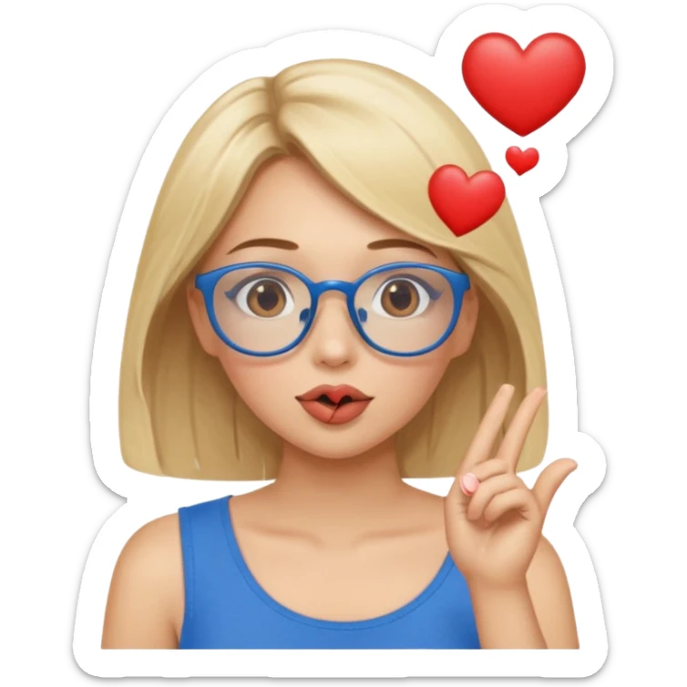 Blonde women with brown eyes, blue glasses, brown top, blowing a kiss with hearts around her. sticker