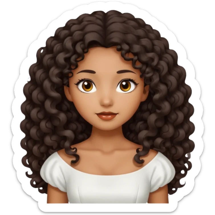 Dark tanned skin girl with very dark brown very big long curly hair, very dark Asian eyes, white dress at boatneck neckline   sticker