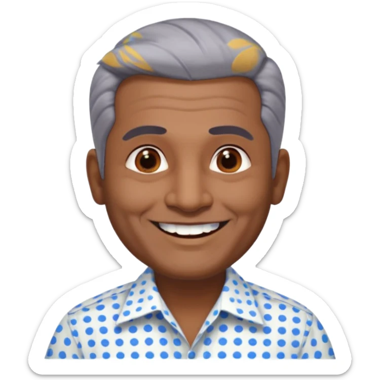 50 yr old indian man, dark skin, grey hair, big smile, white teeth, chubby, no moustache, clean shaven, young style hair, hair brushed back, 5 oclock shadow, bindy dot on forehead, dress shirt sticker