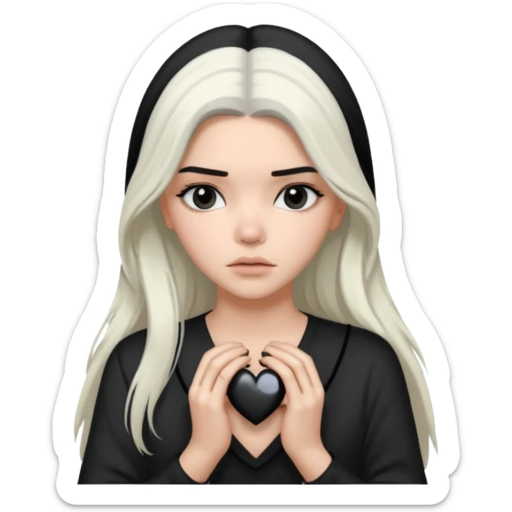 A Kendall Jenner with long white hair is sad and holds a black heart in her hands sticker