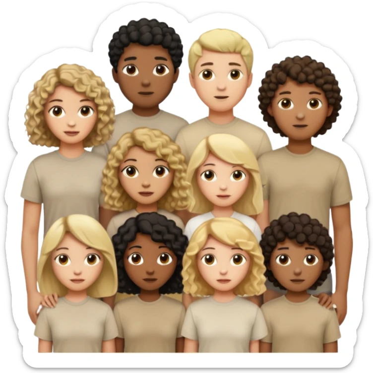 group of people  together ; men and women with one with brown straight hair one with blonde hair and one with black curly hair- short hair, long hair and curly hair wearing beige shirts aesthetic no collar, brown people, white people, black people sticker
