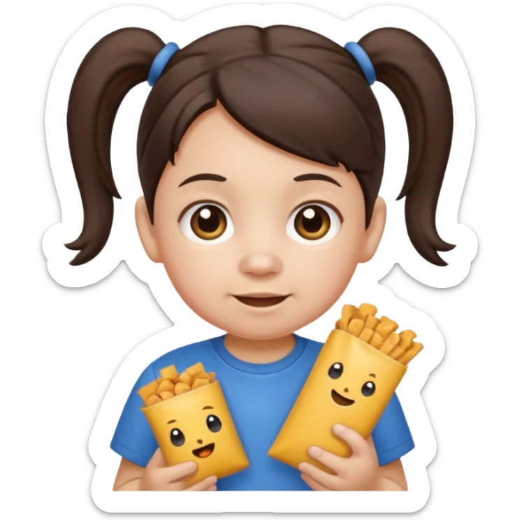 Toddler emoji with two pigtails dark brown hair, fair skin, holding snacks sticker