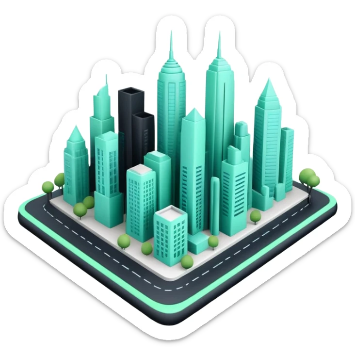 Urbanisme & Aménagement (Urban Planning), 3D techy icon with black and mint green (#B5F4D3) color scheme, city skyline with blueprint sticker
