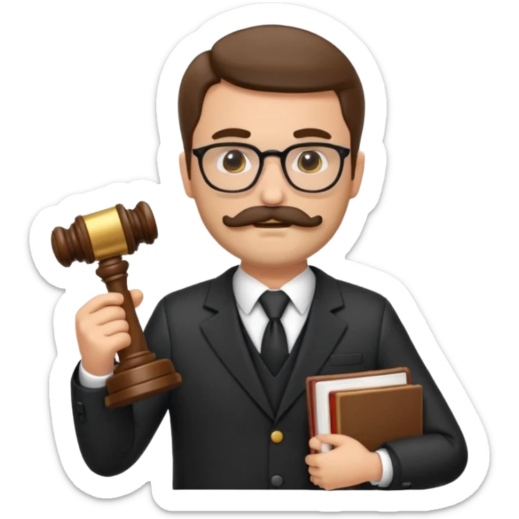 “Create a clean, modern emoji-style illustration of a male lawyer. He is wearing a formal suit jacket. He is holding a judge’s gavel (QUE SE VE DE COSTADO) in one hand and has a law book tucked under his arm. He has a mustache and beard!!, and GLASSES sticker
