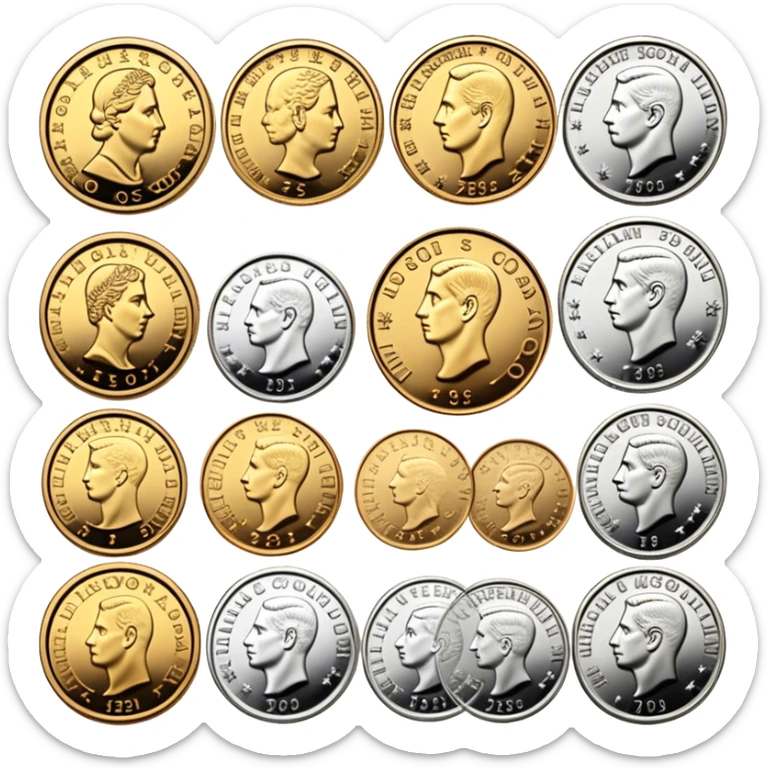 Icon for Coin Collecting: a collection of different vintage and modern coins of various forms, neatly arranged in a display case or on a table. The icon should highlight the diversity and historical value of coin collecting. Transparent background. sticker