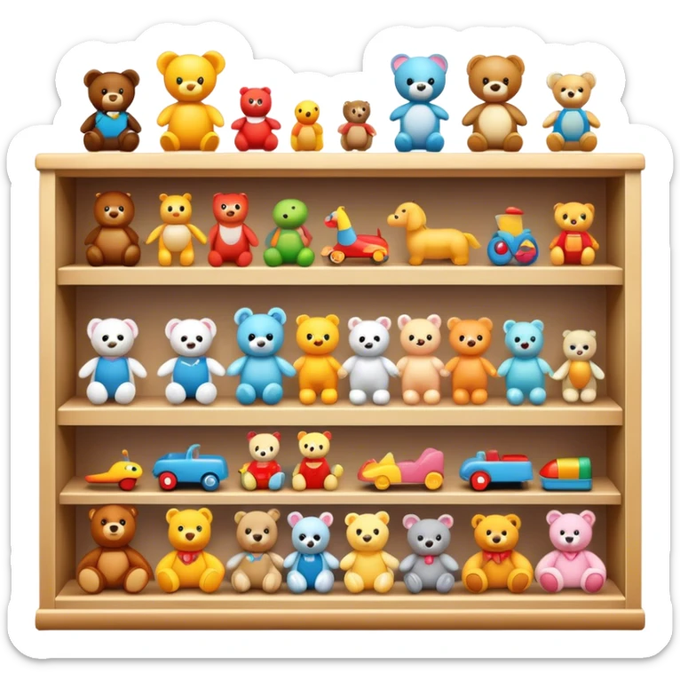 Icon for Toy Collecting: a collection of various vintage toys such as dolls, action figures and plush animals, displayed neatly on shelves or in display cases. The icon should evoke the joy and nostalgia of collecting toys. Transparent background. sticker