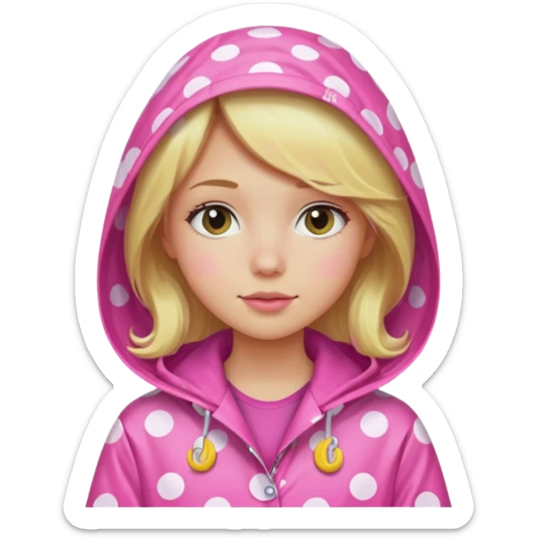 Blonde girl in a pink polka dot raincoat with hoodie sticker