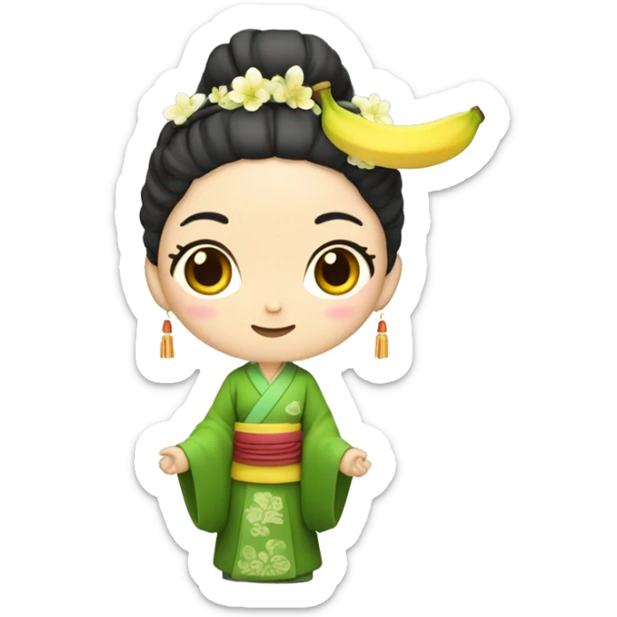 Beautiful woman, yellow skin, Hanfu headdress, wearing green clothes, holding a banana fan sticker