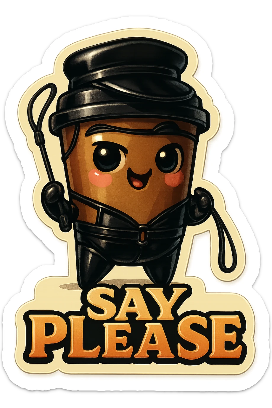 Tall coffee cup, dressed in leather holding a whipping crop, mischevious, "big "Say Please" sticker