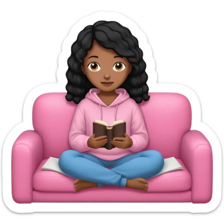 Una chica linda de cabello negro con ondas hasta los hombros de piel blanca con una sudadera rosa en un sofá cómodo y hermoso leyendo la biblia sticker
