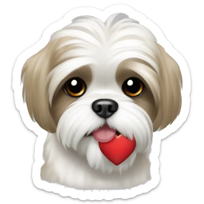 White shih tzu with tan spots holding a heart in their mouth sticker