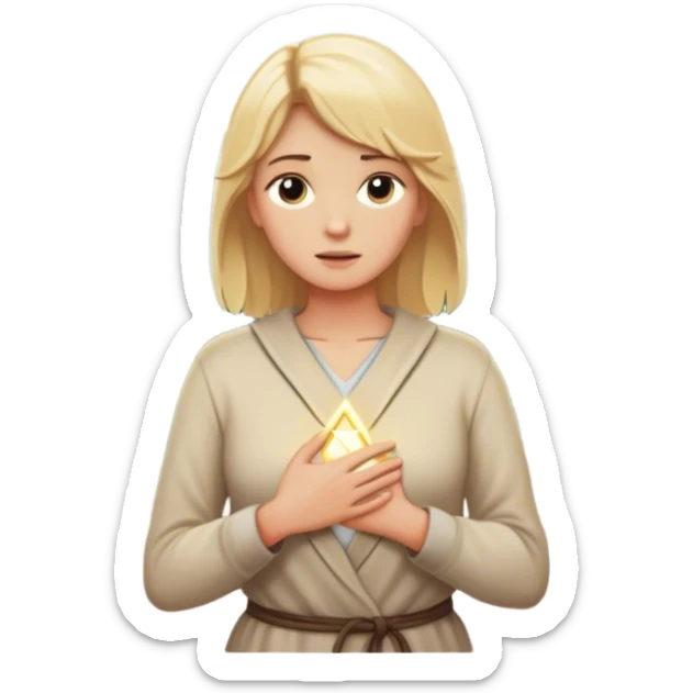 back of a blonde woman in front of a 2 crossroads paths ..places a hand on their chest, the light path, their decision to respond instead of react with peace. light trail on mountains.. rock mountain sticker