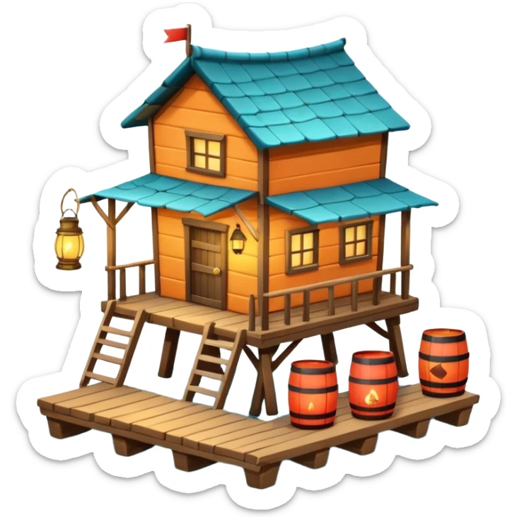 
fisherman house on a wooden pier, small dock, fishing nets hanging, barrels, lantern, ocean vibe, 3D cartoon, cute mobile game icon, clean background, no text
 sticker