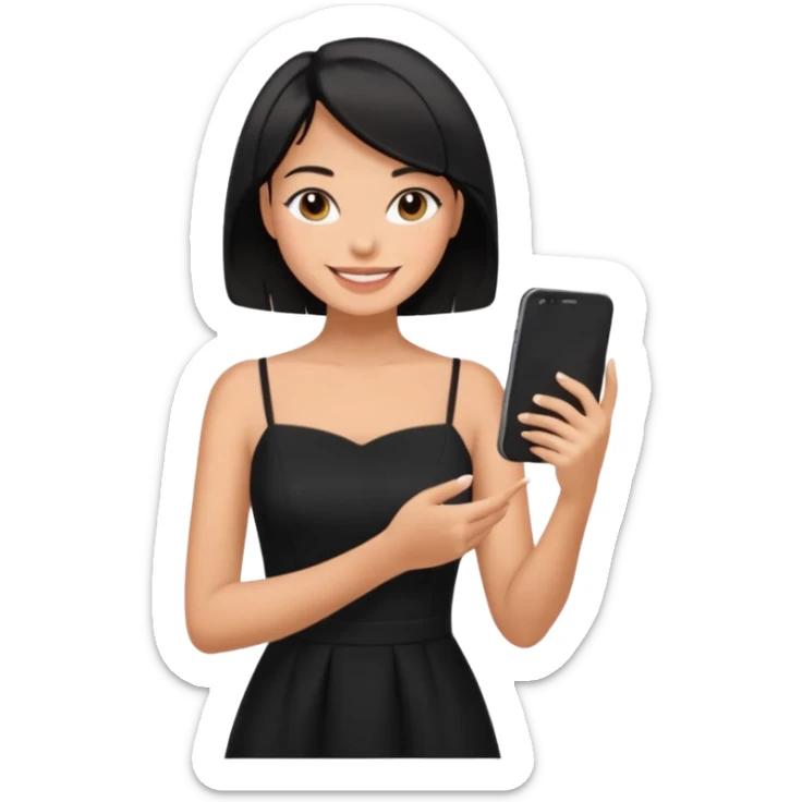 black short shoulder length hair tanned woman, black dress doing girly things sticker