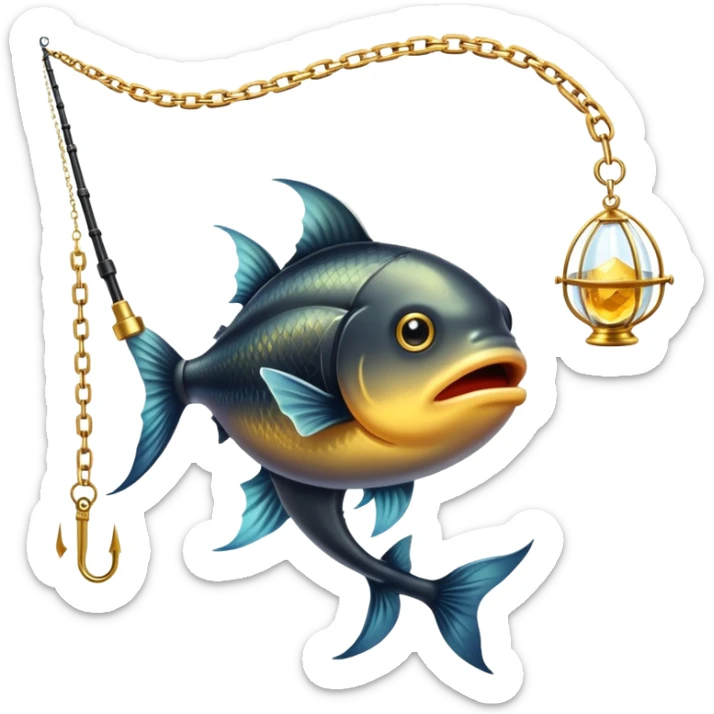 black magical fishing rod with gold chains and gold aura fishing a gold anglerfish sticker