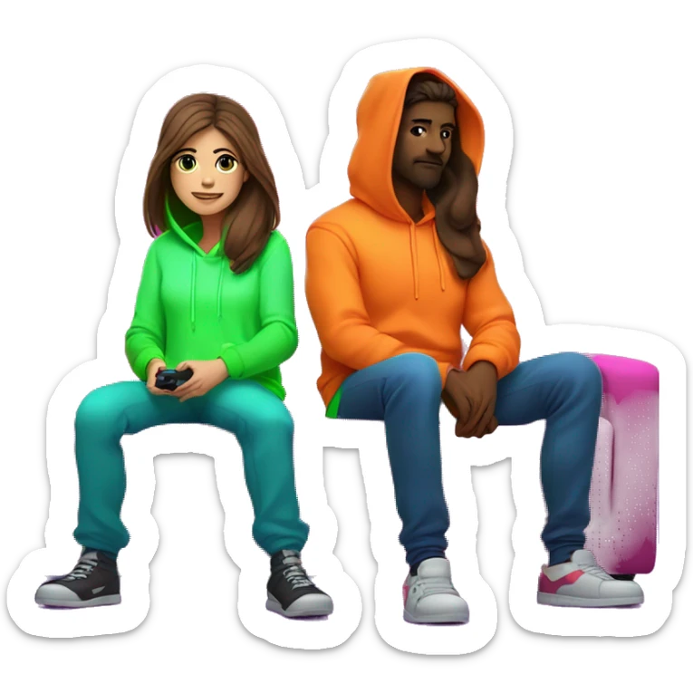 Female girl with long brown hair in neon hoodie .gaming with male guy shaved brown hair and short scruff with neon hoodie . Sitting on a sofa with a TV in a gamer neon room.  sticker