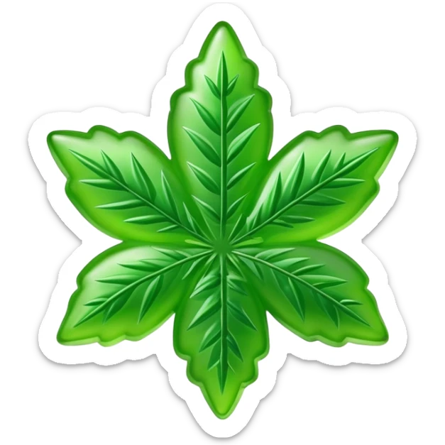 generate an emoji-style image of a gusher gummy shaped like a marijuana flower sticker