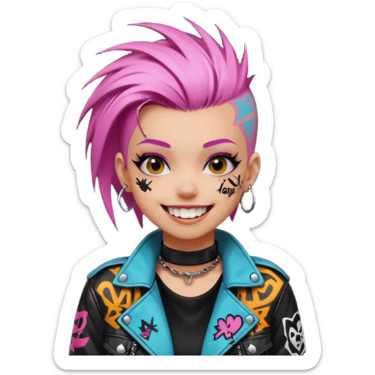 a punk girl with dyed hair and wear a punk graffiti jacket with black choker grin playfully  sticker