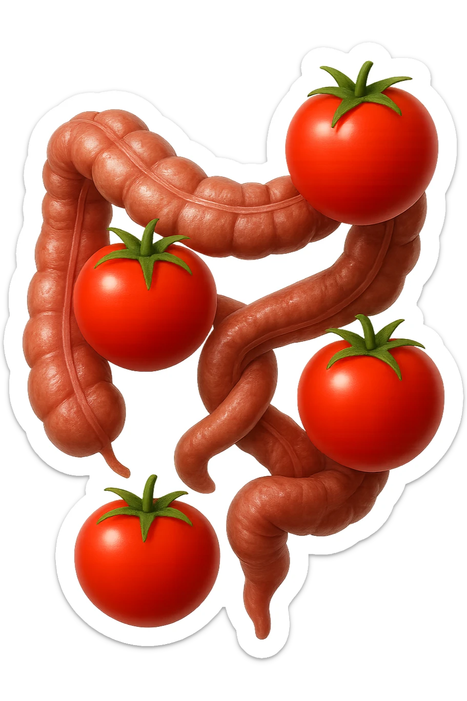 emoji stile iphone di pomodori che fluttuano in aria con colon attorcigliato intorno, iperrealistico 4k, isolato su sfondo bianco sticker