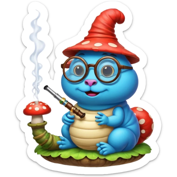 blue caterpillar with round glasses smoking a hooka pipe on top of a mushroom sticker