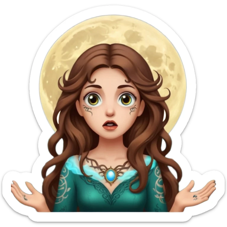 shocked forest mystic woman long wavy brown hair tattoos wide eyes moon glow sticker