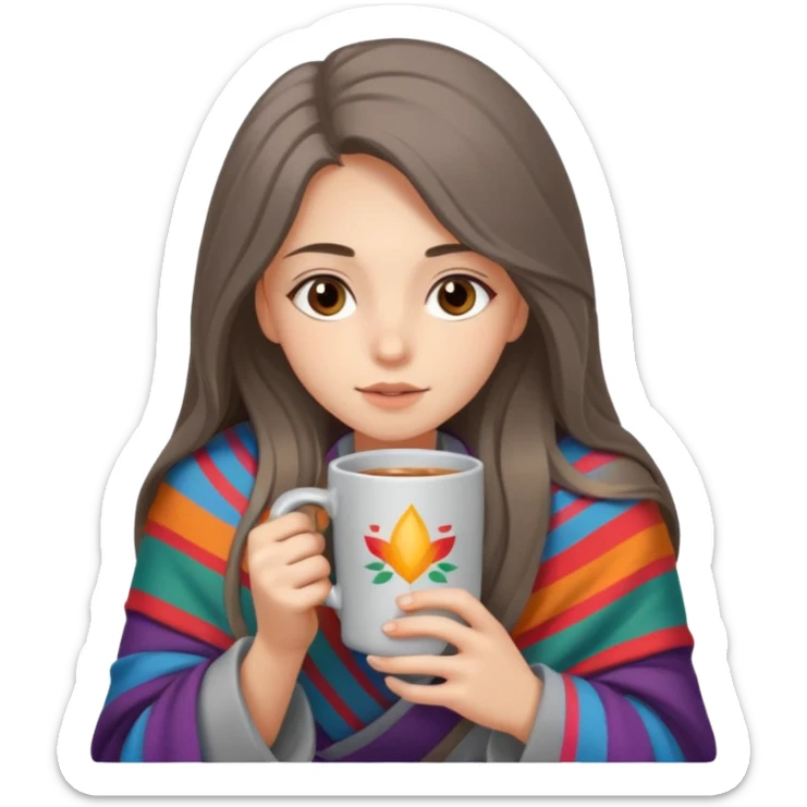 Brown-eyed, fair-skinned girl with long hair down to her shoulders, wrapped in a gray blanket, drinking from a New Year's mug sticker