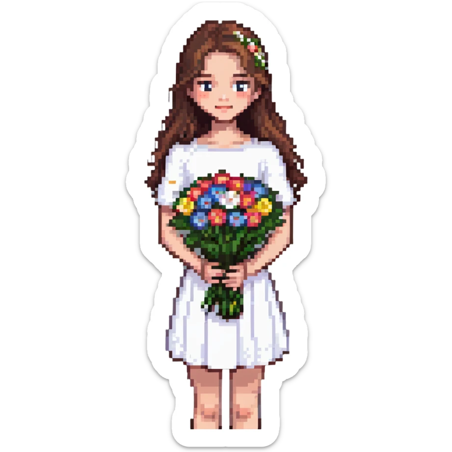 girl with brown hair wearing a white skirt holding a bouquet of flowers sticker