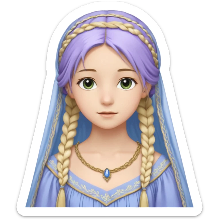 Joven de unos 20 años, de aspecto dulce y elegante.
Piel clara, ojos (pueden ser azules o verdes)
Rubio o castaño claro, largo, con trenzas o velo.
Vestido largo de tonos suaves (blanco, azul o lavanda), con bordados dorados; un manto o toca fina cubriendo la cabeza. Todo el cuerpo sticker
