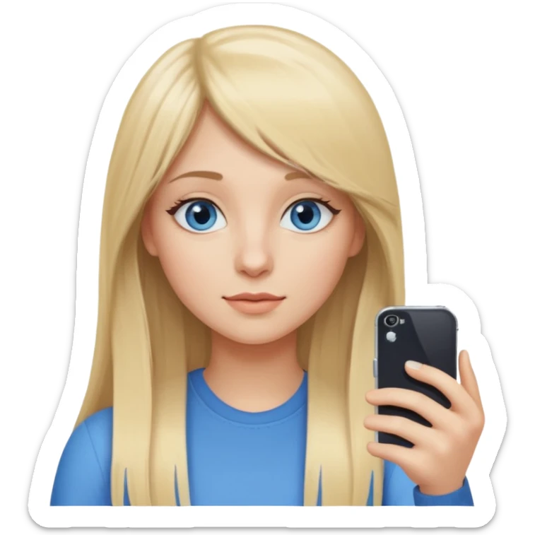 young woman with long straight blond hair, side bangs, and blue eyes. She is taking a selfie with her iphone sticker