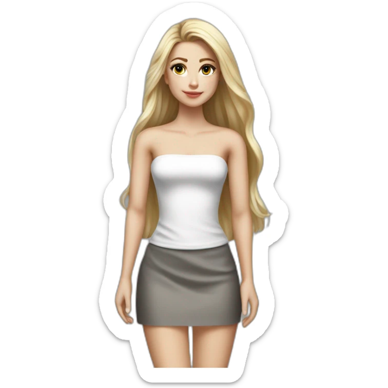 hyperrealist caucasian long hair blonde brown eyes strapless white top gray tight mini skirt black shoes full body sticker