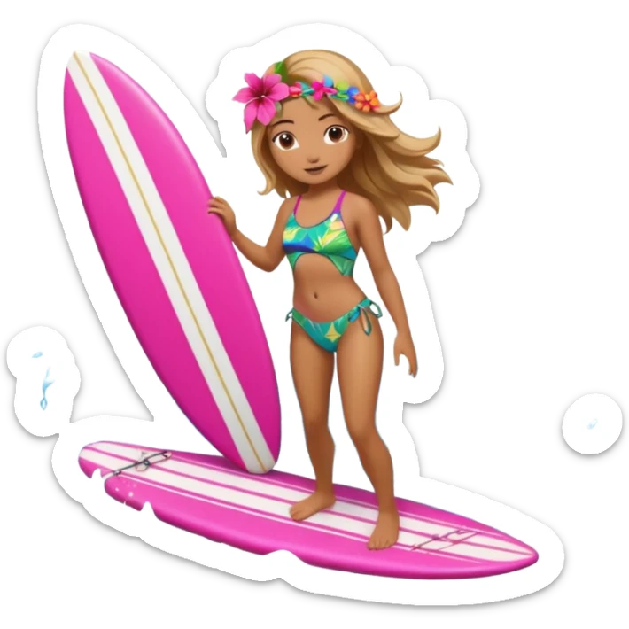 cute female surfer riding waves, hibiscus flower in hair, tropical swimsuit, colorful surfboard with Hawaiian patterns, water splash, 3D cartoon, mobile game icon style, clean background, no text sticker