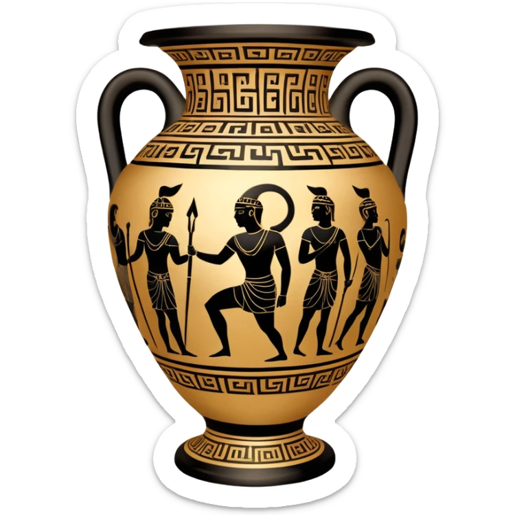 Cinematic-realistic Grecian urn, an exquisite black-figure pottery masterpiece resting in the dim glow of an ancient temple. Intricate golden depictions of gods and warriors encircle its curved form, telling timeless myths of heroism and tragedy. The polished ceramic surface reflects flickering torchlight, while faint wisps of dust drift in the air, whispering echoes of a long-lost civilization. sticker