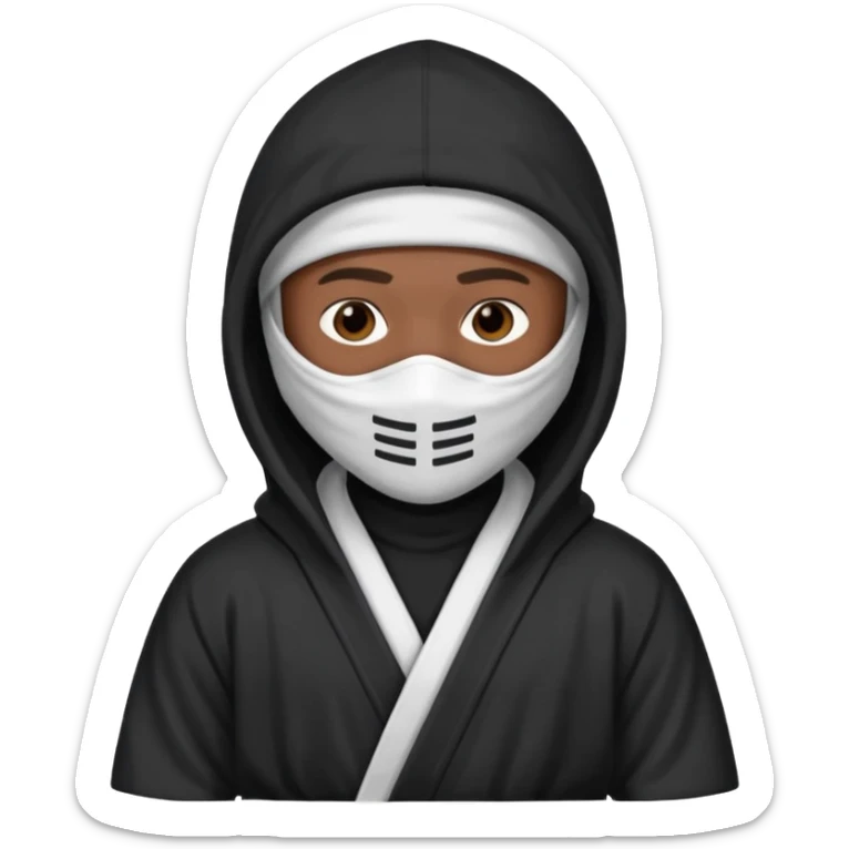 All white ninja robe with white ski mask to cover face and neck with a hoodie on and dark brown skin color sticker