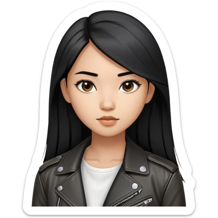 create an emoji of a 22-year-old woman, long straight black hair, black eyes with Asian features, she is brown, wears a black leather jacket with a white blouse underneath sticker