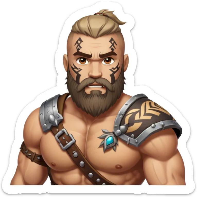 Clash of Clans aesthetic: Cinematic Rugged Barbarian Portrait Emoji, Intense and formidable with a heavily muscled physique, a rugged beard, piercing eyes and battle-worn armor adorned with tribal markings, his complexion a light tan that speaks of hard-fought battles, Simplified yet powerfully detailed features, highly detailed, glowing with a deep, primal energy, high shine, gritty and uncompromising, stylized with an air of raw, untamed power, focused and determined, soft glowing outline, capturing the essence of a barbarian warrior carved by countless battles and poised to lead his clan into epic conflict! sticker