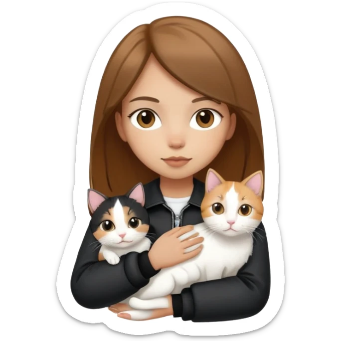Light-skinned girl with brown straight hair wearing a black jacket, holding one completely white cat and one calico cat sticker