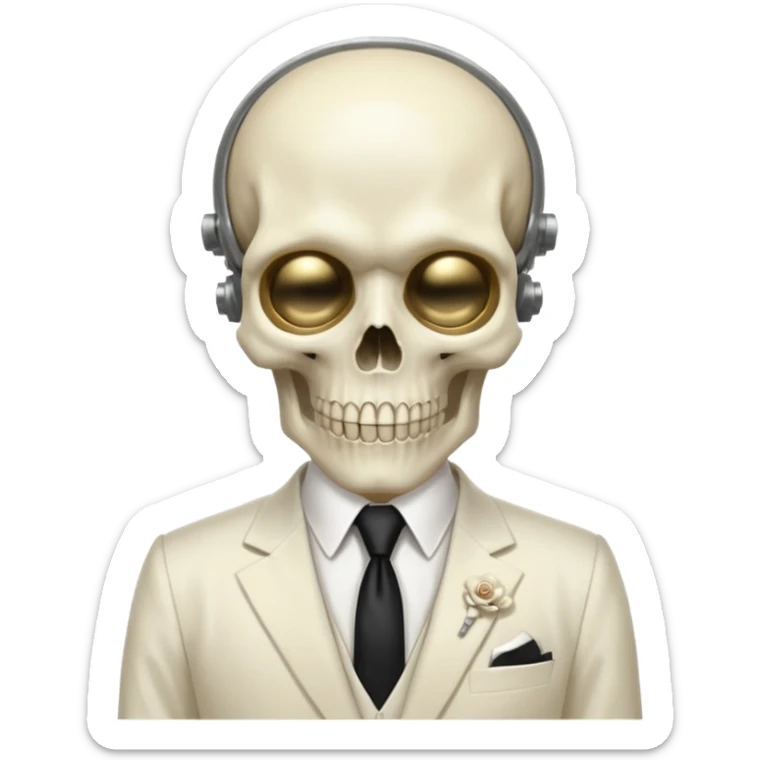 cinematic realistic - a politician in an ivory ethereal suit wears a white tie, has a skull instead of a head, and instead of glasses, has a metal plate with screws over his eyes sticker