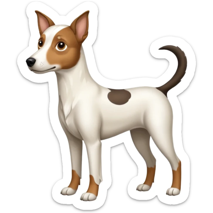a full body large white floppy eared parson russell looking dog the size of a kelpie with light brown ears and a light brown patch on one eye and a large snout sticker