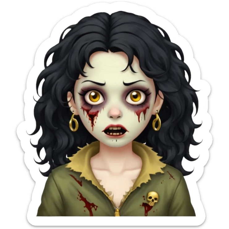 Create a zombie woman with voluminous wavy hair and a gold nose piercing. sticker