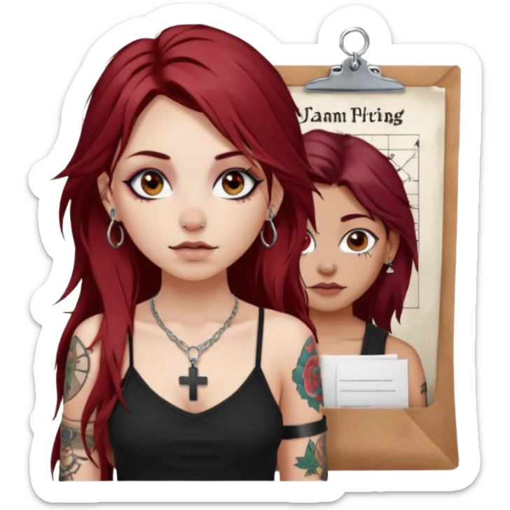 generate an ios genmoji of a fair girl with long dark red messy hair with eyeliner on her eyes.  septum piercing, wearing a cami black top, has tattoos, on shoulders. ear piercings. wearing a cross silver necklace. carrying a tote bag on her shoulders with chart paper peeking out. sticker