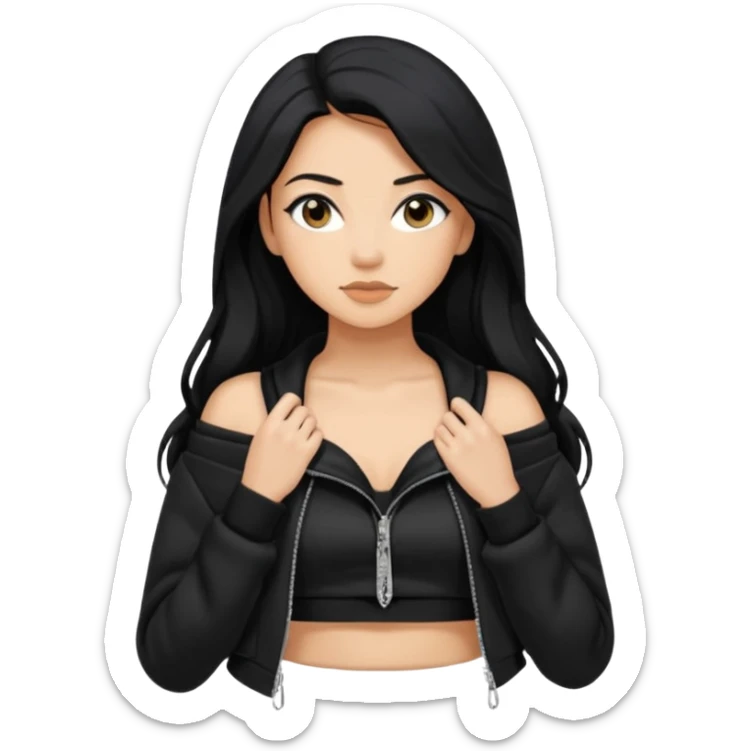 Siyah uzun saçlı siyah ceket  polar ceket ceket gevşek biraz omzundan çıkıyormuş gibi ve bugday ten rengi soltaraftaki omzundan çıkık sadece içinde de siyah crop var crop açık esmer esmer ceketin içinde siyah crop var be cropta omzuna bağlı ceketin sol üstü omzunun istinde sticker