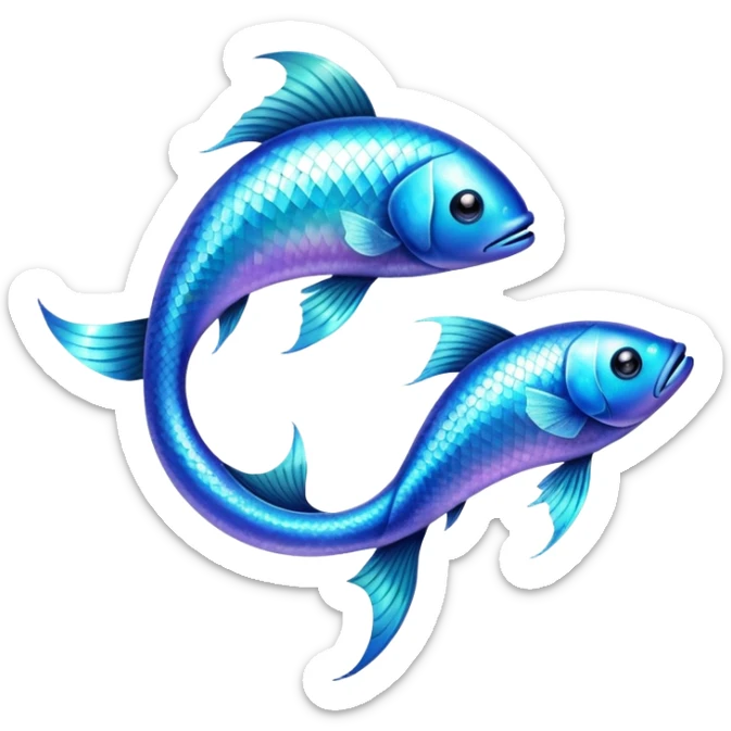 The zodiac symbol Pisces. Two fish in a “yin-yang” formation. The fish are glittering. One fish’s head is facing the other fish’s tail, and vice versa forming a circle.  sticker