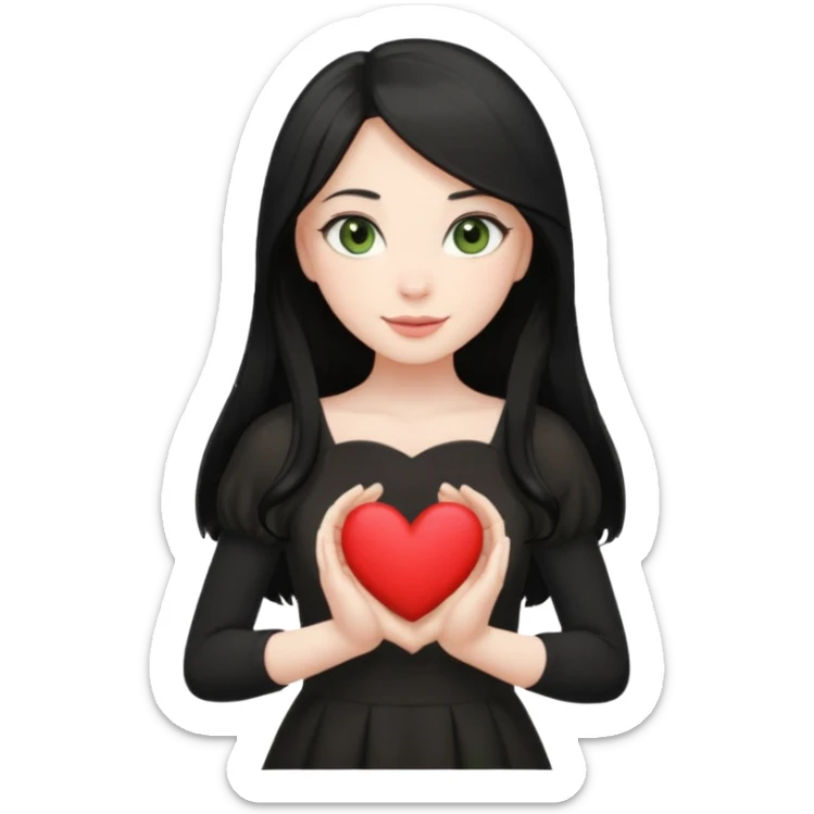 Pale girl with long black hair and olive green eyes soft smile wearing black dress and holding a heart sticker