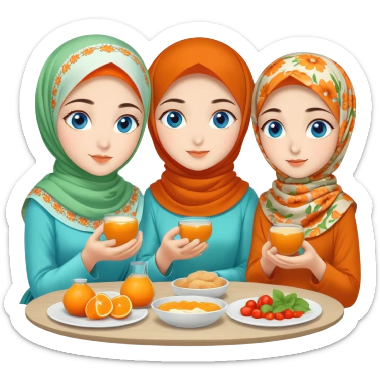 Four sister Turkish girls beautiful finish Konya blue eyes with orange floral hijab and light green dress and make turkish Breakfast sticker