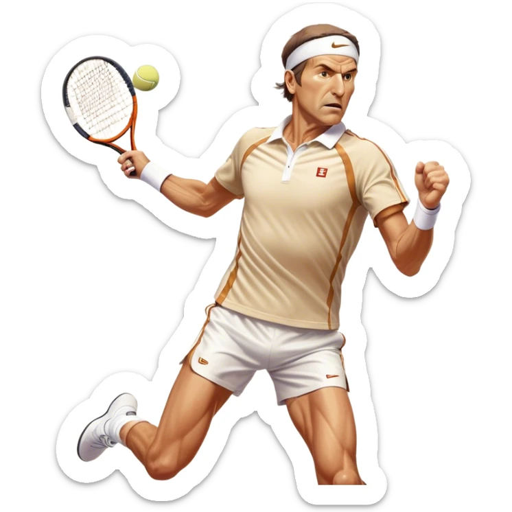 Cinematic Realistic portrait of Goran Ivanišević, depicted as an iconic tennis player in dynamic motion with detailed athletic gear and intense focus, illuminated by bold stadium lighting that accentuates his competitive spirit. sticker