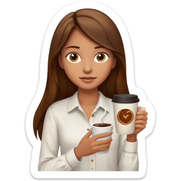 Chica de pelo  largo  castaño playera blanca  piel  morena con un café  sticker